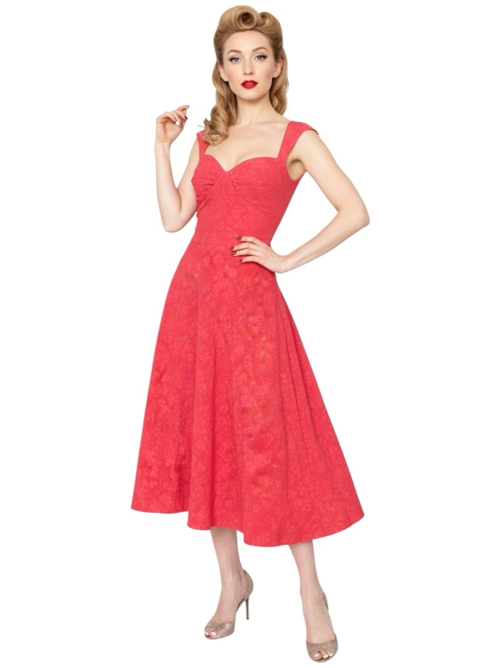 Bettie Page Queen Of Pinups Roman Holiday Midi Dress Size US 4 Small Retro Red